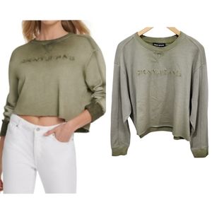 NWT DKNY JEANS Logo Embroidered Army Green Cropped Sweatshirts Top Size L